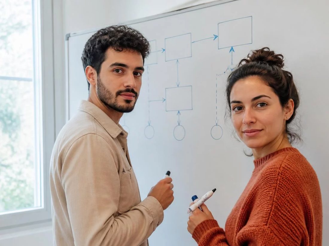 Duas pessoas diante do quadro branco com a armação de um argumento rabiscada