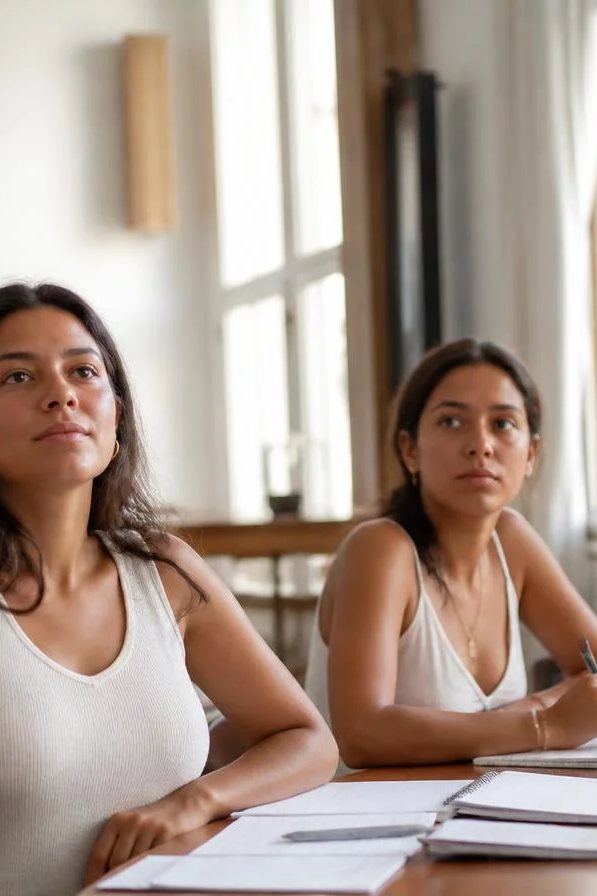 Dupla preparando a rodada com cadernos abertos e canetas marcadoras sobre a mesa